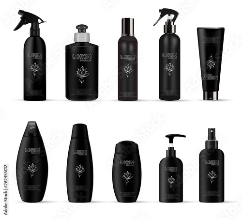 Set of realistic black package luxury cosmetic product:  tube, bottle with dispenser or spray, oil, shampoo,  gel shower and liquid soap. Vector illustration isolated on white. EPS 10. 