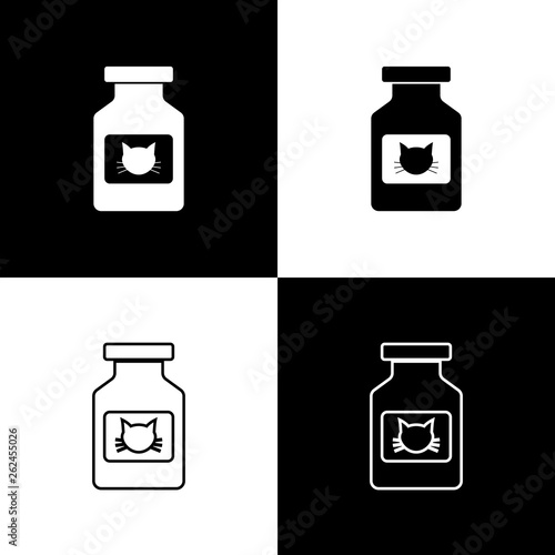 Set Cat medicine bottle icons isolated on black and white background. Container with pills. Prescription medicine for animal. Vector Illustration