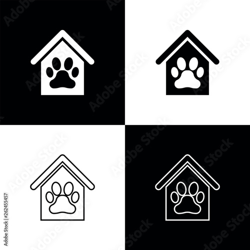 Set Dog house and paw print pet icons isolated on black and white background. Dog kennel. Vector Illustration