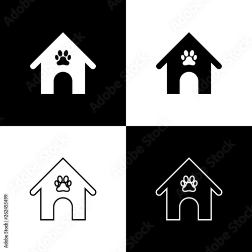 Set Dog house and paw print pet icons isolated on black and white background. Dog kennel. Vector Illustration