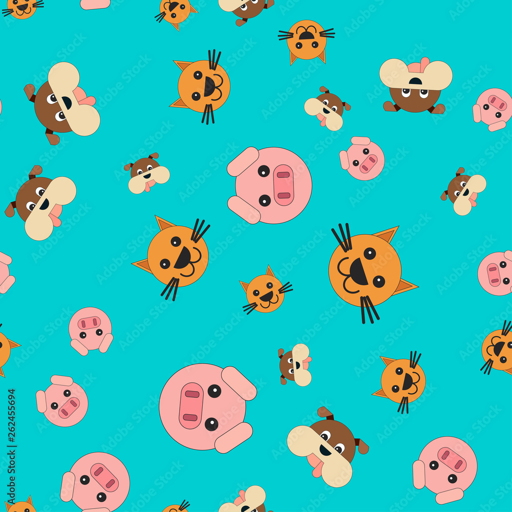 Seamless pattern of pig and dog cat heads.