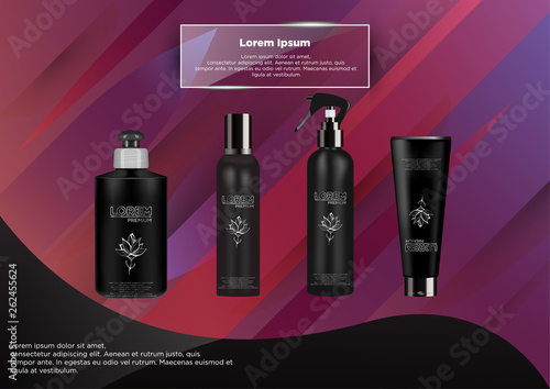 Set of realistic black package luxury cosmetic product:  tube cream, bottle with pump dispenser or spray, oil, shampoo,  gel shower and liquid soap. Isolated on abstract background.