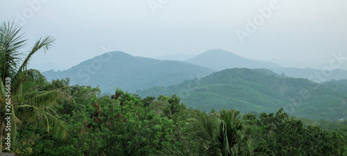 Fresh early morning in the jungle. Mountains and hills in the fog. Pastel colors of the sky. Tropical forest. Rainforest. 