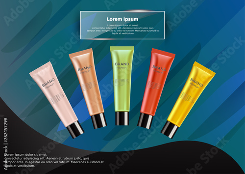 Realistic luxury set glamorous cosmetic creme bottle  in gold pink, green, yellow, red, orange pearly color Isolated on abstract background, mockup,  3D illustration for branding design and ads,  temp
