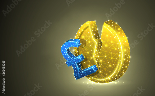 Broken British Pound. Golden Coin colorful 3d illustration. Polygonal Vector business, money, unstable finance, market crash, broken circle concept. Low poly wireframe, triangle, lines, dots