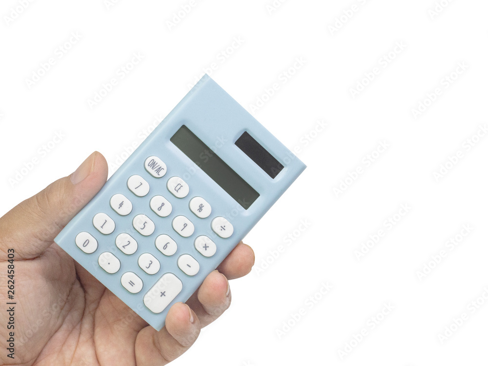 Blue calculator on hand white back ground isolated image.. Blue calculator on hand white back ground isolated image..