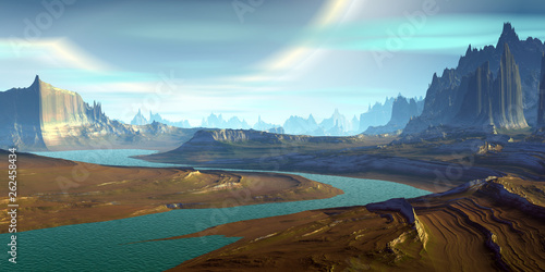 Alien Planet. Mountain and sky. 3D rendering