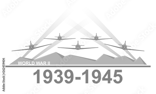 World War II 1939-1945 black and white vector illustration.