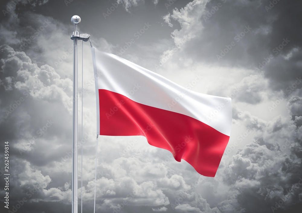 3D Rendering of Poland Flag is Waving in the Sky - 3d illustration - obrazy, fototapety, plakaty 