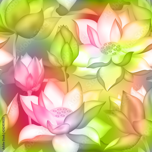 Lotus buds and flowers seamless background., Water lilly nelumbo aquatic plant illustration.
