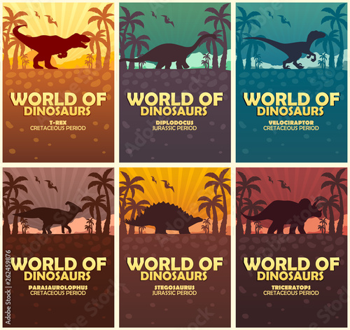 Posters collection World of dinosaurs. Prehistoric world. Jurassic period.