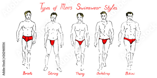 Portrait of blonde sexy guys in red briefs, strings, thong, jockstrap and bikini type of swimsuits collection with inscription, hand drawn doodle, sketch vector illustration