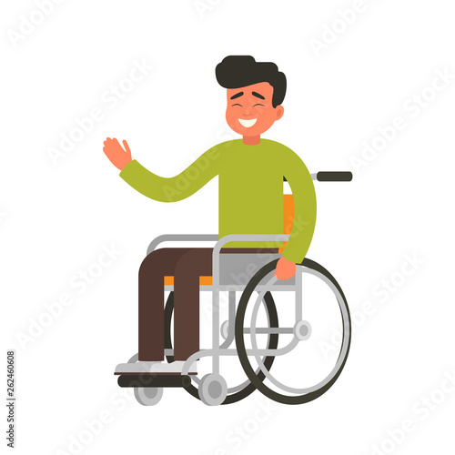 Young happy person sits in a wheelchair on a white background. Smiling male character with physical disability or impairment. Vector illustration in flat cartoon style