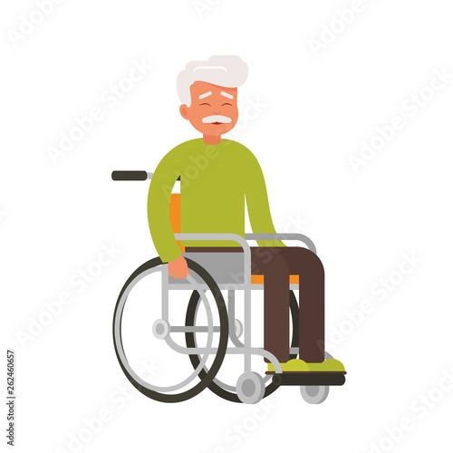 Older happy person sits in a wheelchair on a white background. Smiling male character with physical disability or impairment. Vector illustration in flat cartoon style