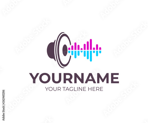 Music, sound speaker with sound waves, logo design. Musical, woofer, subwoofer and loudspeaker, vector design and illustration