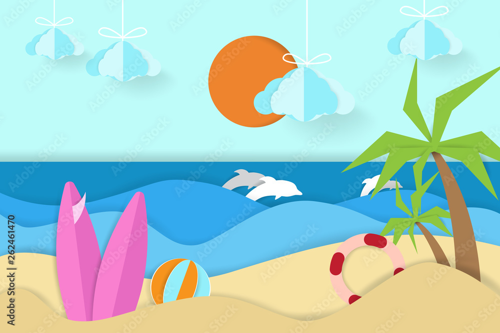 coastal panorama with dolphin views in paper art style