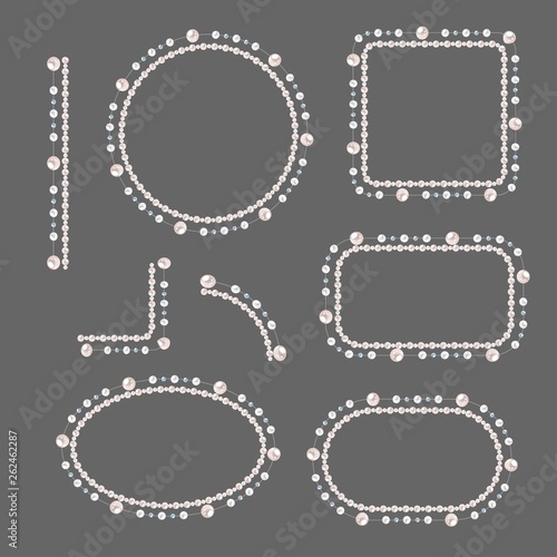 Set of pearl frames isolated on gray background. Vector borders and corners. Cream pearls.