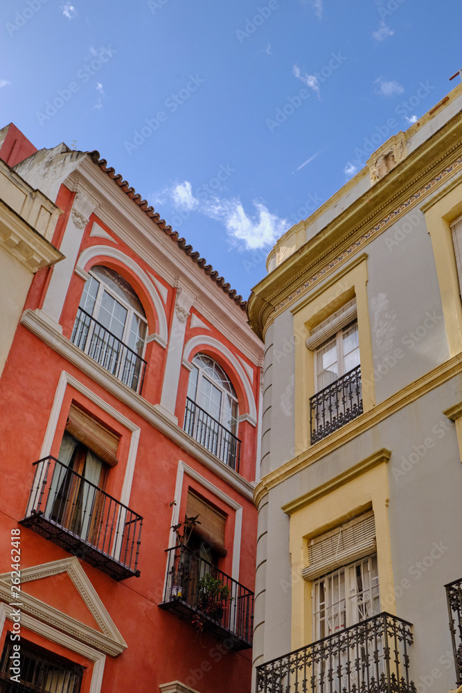 Typical decorated facade in Seville, Andalusia, Spain.