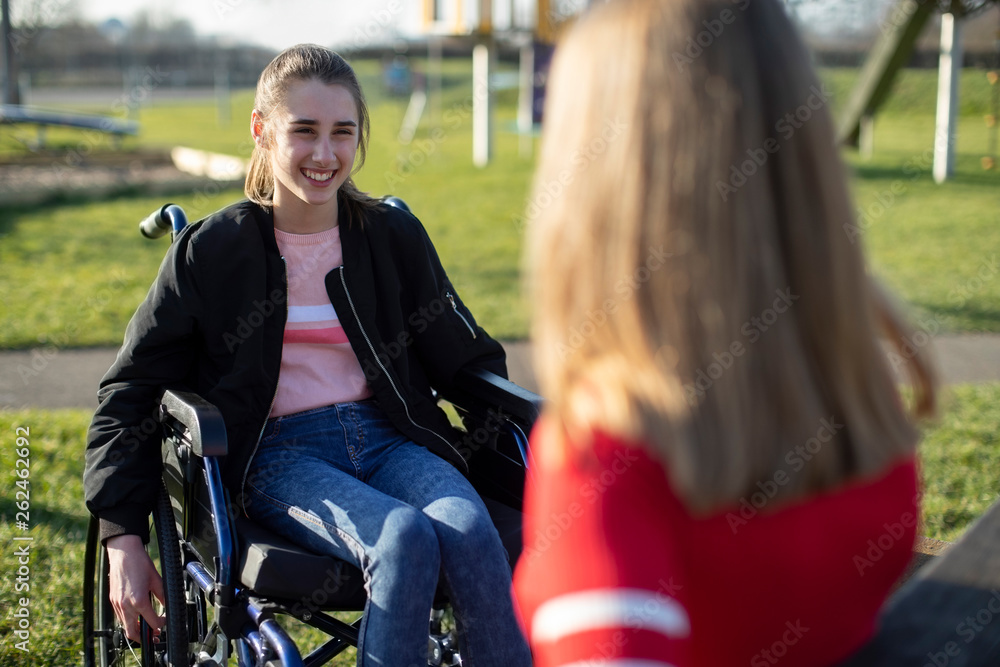Teenage Girl In Wheelchair Talking With Friend In Park Stock Photo ...