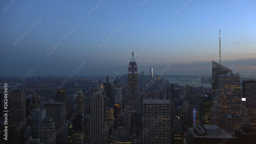 New York, Usa:Aerial view of Manhattan midtown and downtown skyscrapers ar sunset and dusk time