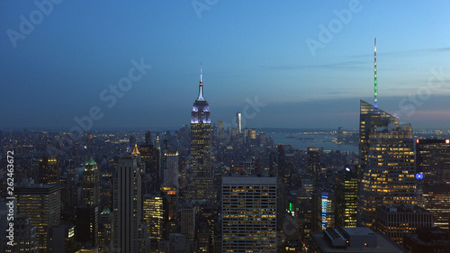 New York, Usa:Aerial view of Manhattan midtown and downtown skyscrapers ar sunset and dusk time