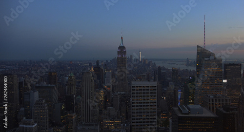 New York  Usa Aerial view of Manhattan midtown and downtown skyscrapers ar sunset and dusk time