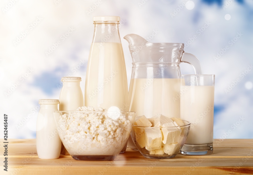 Dairy products on wooden table Dairy products on wooden table