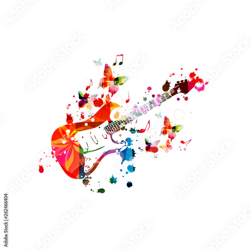 Colorful electric guitar with music notes isolated vector illustration design. Music background. Guitar poster with music notes, music festival poster, live concert events, party flyer