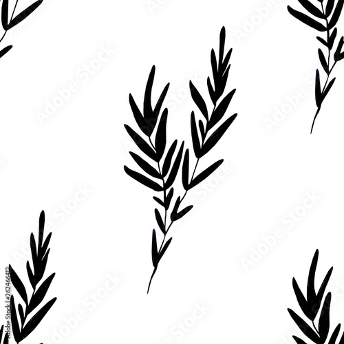  graphic pattern with branches of leaves.Black and white