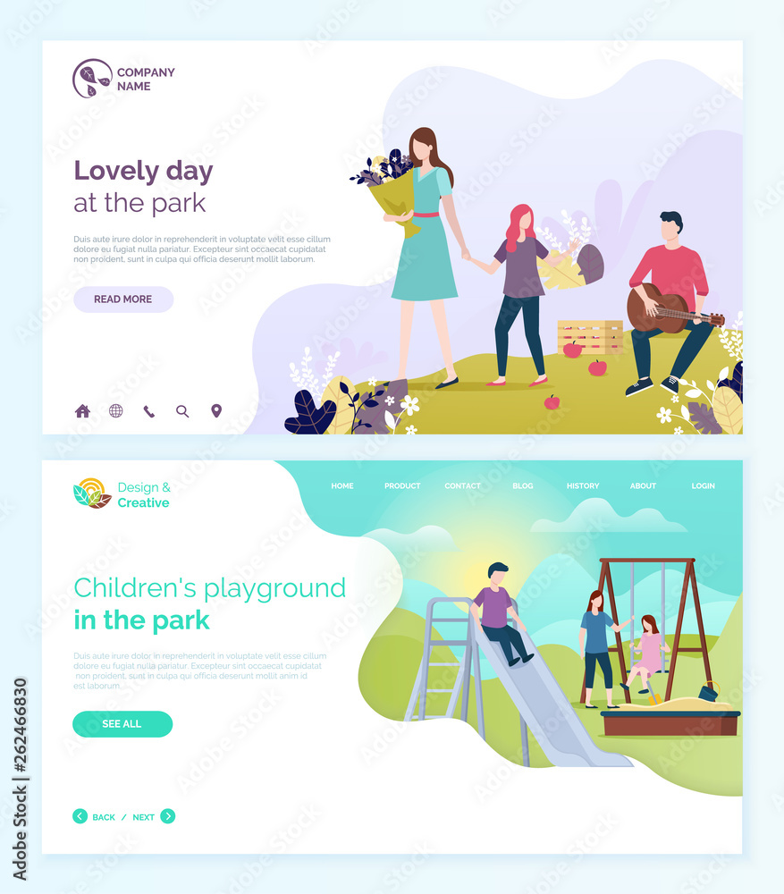 Lovely day in park vector, children playground kids playing with mother. Boy and girl on swings, sandbox with shovel and bucket for castles making. Website or webpage template, landing page flat style Lovely day in park vector, children playground kids playing with mother. Boy and girl on swings, sandbox with shovel and bucket for castles making. Website or webpage template, landing page flat style