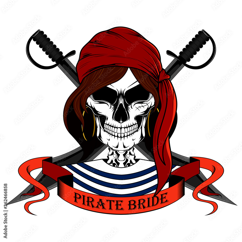 Skull of a pirate woman in a bandana with swords. Color vector image on a  white background. Stock Vector | Adobe Stock