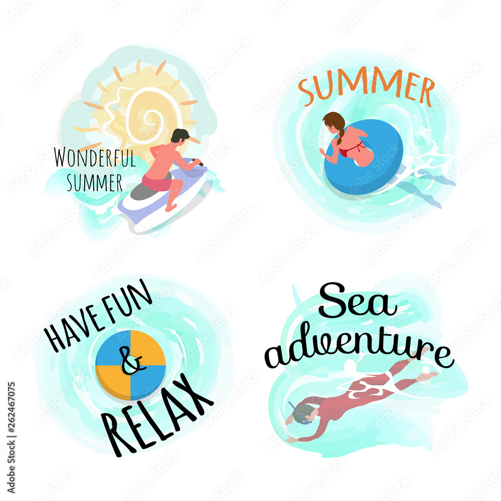 Sweet summer vector, have fun and relax set of people. Man riding bike, motor jetski water splashes. Woman on lifebuoy, swimming lady underwater swimmer