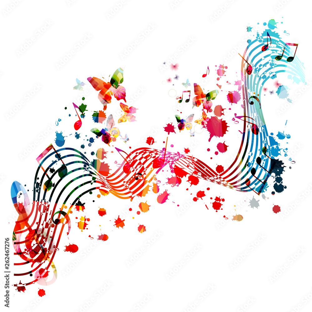 Naklejka premium Music background with colorful music notes vector illustration design. Artistic music festival poster, live concert events, party flyer, music notes signs and symbols