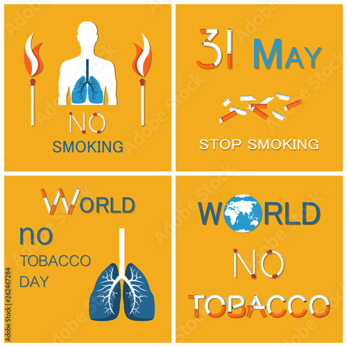 World no tobacco day colorful vector human body icon with blue lungs, stop smoking all over globe. Banner st with broken cigars and burning matches