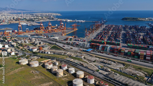 Aerial drone photo of industrial container terminal in commercial port of Piraeus, Perama, Attica, Greece