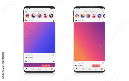 New Mock up set of social network on Smartphone, mobile realistic style. Flat design Photo frame vector illustration en white background. Style Colour and profile.