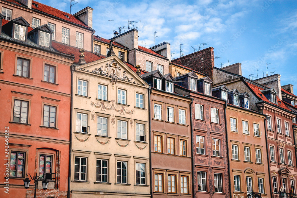 Row of tenement houses on the Old Town Market Place in Warsaw city