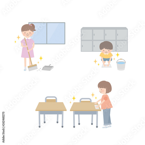 子供が教室の掃除をする様子