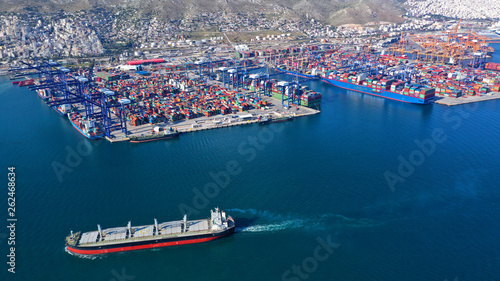 Aerial drone photo of industrial container terminal in commercial port of Piraeus, Perama, Attica, Greece photo