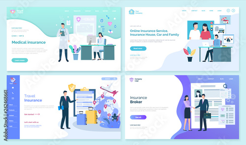 Online and travel insurance set, online page with text vector. House car and family safety, protection of building and possessions, broker with client. Website or webpage template, landing page flat