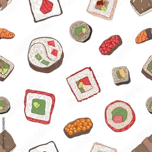 Seamless pattern with nigiri and maki sushi, sashimi and rolls on white backg...