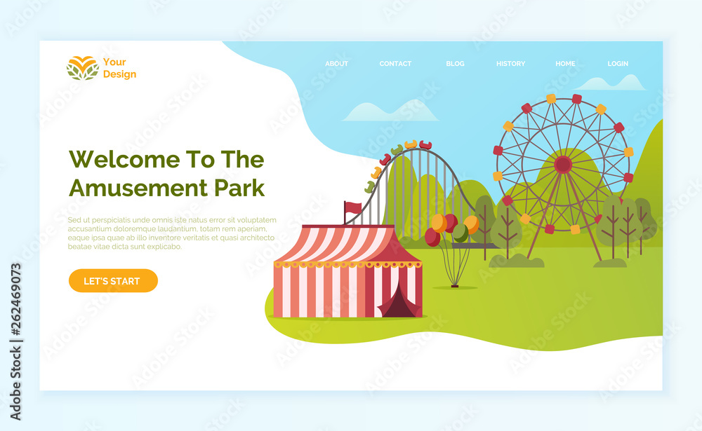 Welcome to amusement park vector, tent and ferris wheel with carousel for kids and adults. Holidays and weekends recreation and fun on nature. Website or webpage template, landing page flat style