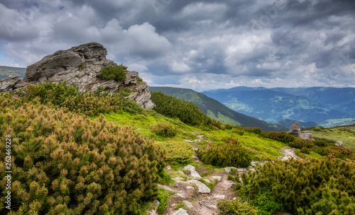 Amazing Mountain Landscape. Spring landscape in alpine mountains with overcast clouds