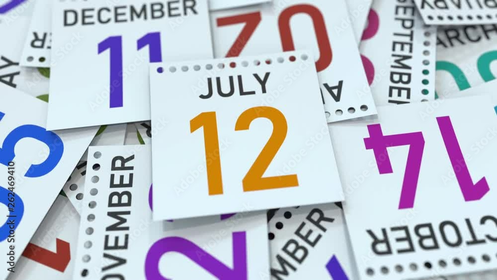 July 12 date on calendar leaf. 3D animation July 12 date on calendar leaf. 3D animation