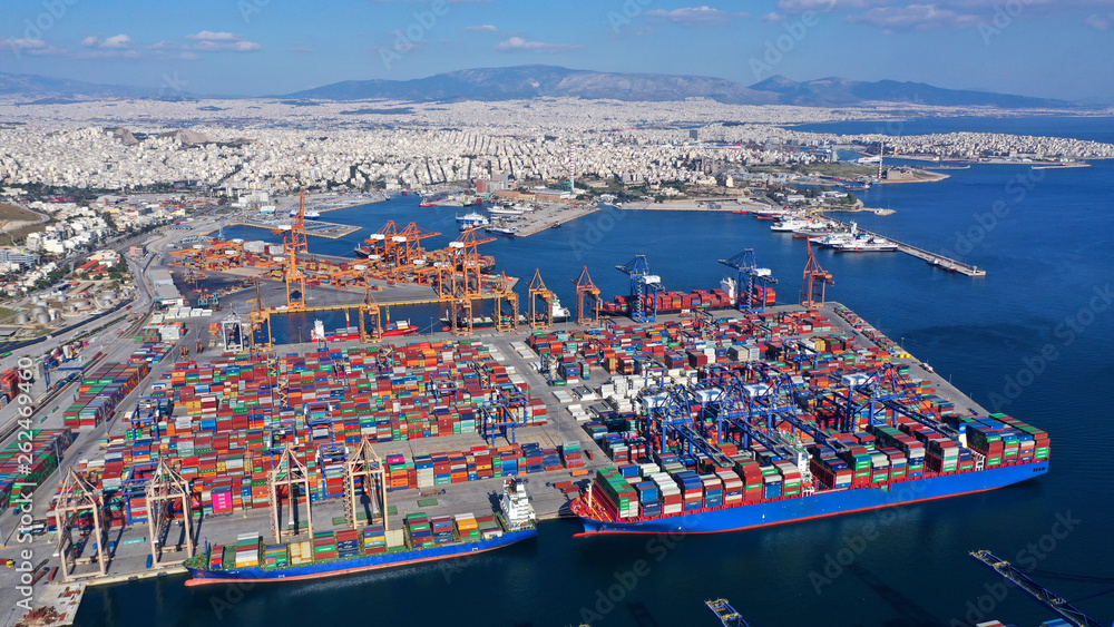 Aerial drone photo of industrial container terminal in commercial port of Piraeus, Perama, Attica, Greece