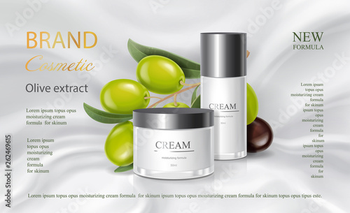 Vector glass cosmetic jar with green olives. Face, body cream advertising. Realistic 3d illustration