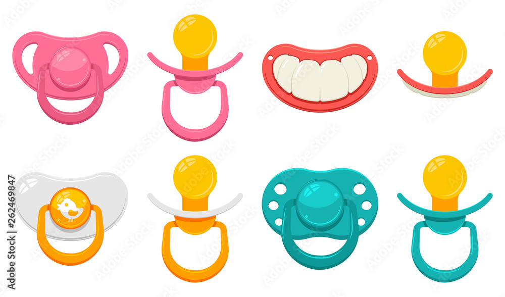 Baby pacifier in different type for boys and girls vector cartoon set
