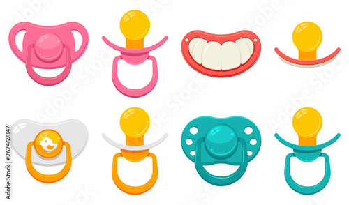 Baby pacifier in different type for boys and girls vector cartoon set isolated on a white background.