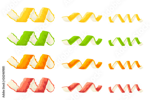 Twisted peel of lemon, grapefruit, orange and lime vector cartoon set isolated on white background.