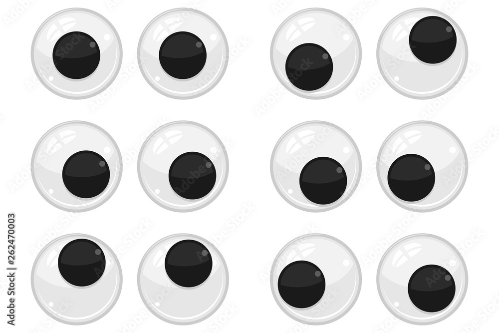 Plastic eyes for toys, dolls. Eyeballs vector cartoon set isolated on